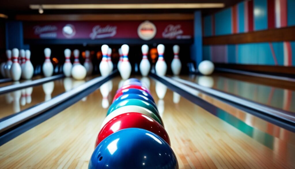 duckpin bowling ball and pins